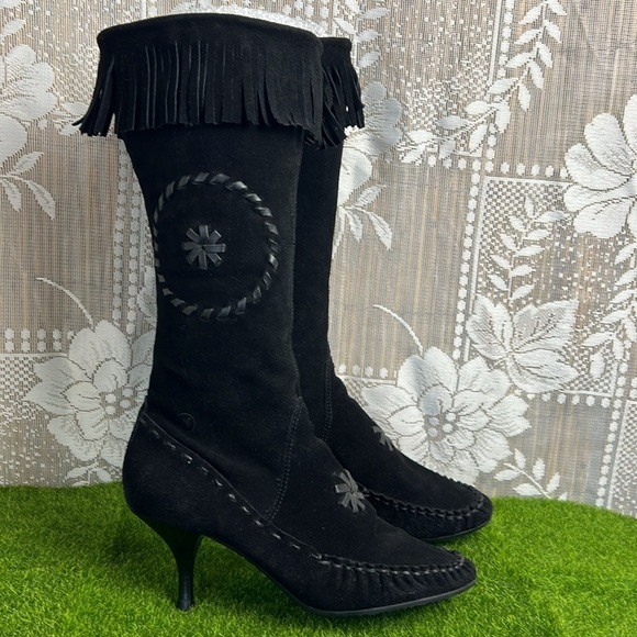 Bronx Vintage Boho Suede Gypsy Moccasins Fringe Tassel Kitten Heel Boots - Picture 5 of 14